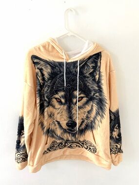 Unknown Brand Soft Wolf Print Pullover Hoodie, Size: Large